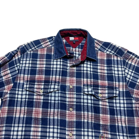 Tommy Hilfiger Flannel Shirt Mens Small Blue Plaid Denim Collar Long Sleeve - Picture 2 of 8